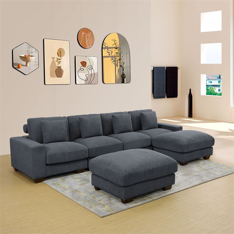 Dark Grey Corduroy 6-Piece Living Room Sofa Set with Ottoman