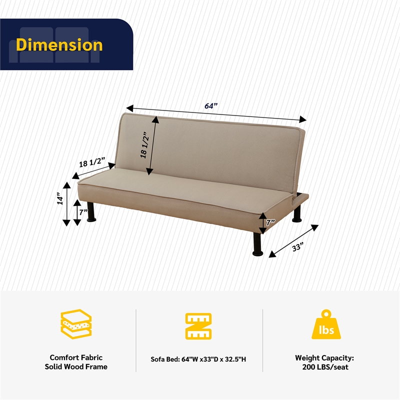 Khaki Flannel Sofa Bed with Metal Legs