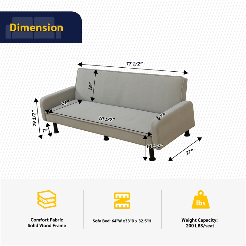 Grey Flannel Living Room Sofa bed with Metal Legs
