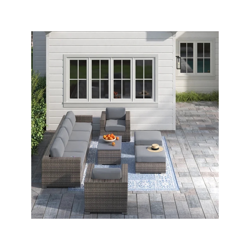 Living Source Intl 9-Piece Wicker / Rattan Sectional Set w/ Cushions in Gray