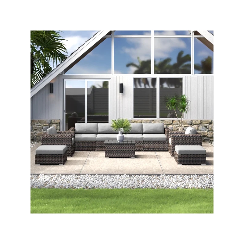 Living Source Intl 9-Piece Wicker / Rattan Sectional Set w/ Cushions in Gray