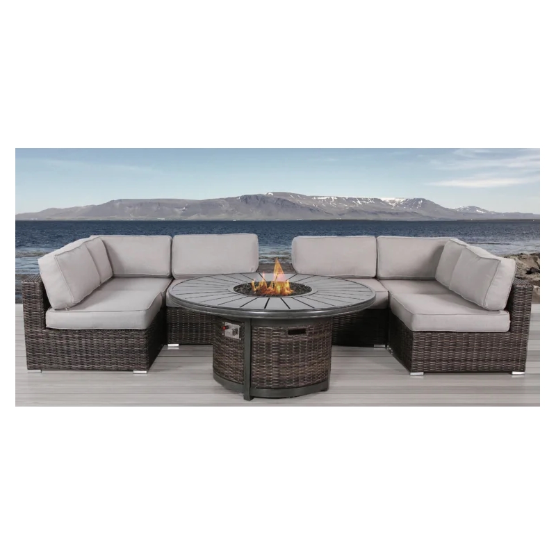 Living Source 8-Piece Wicker / Rattan Sectional Set with Firepit in Espresso