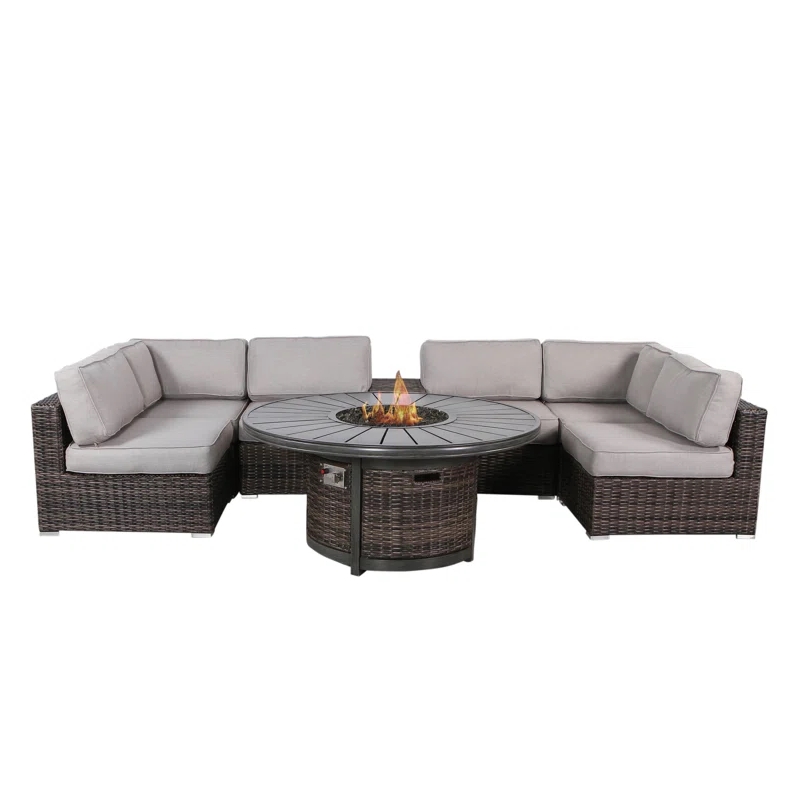 Living Source 8-Piece Wicker / Rattan Sectional Set with Firepit in Espresso