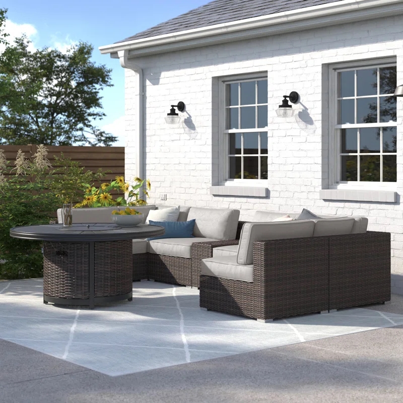 Living Source 8-Piece Wicker / Rattan Sectional Set with Firepit in Espresso