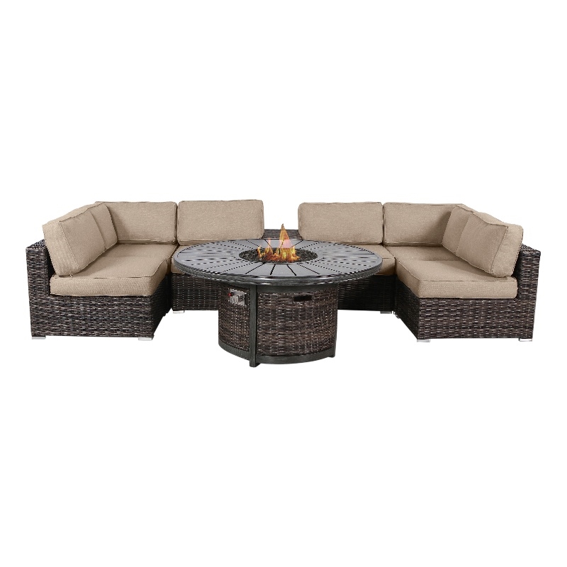 Living Source Intl 8-Piece Wicker / Rattan Sectional Set with Firepit in Beige