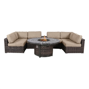 Living Source Intl 8-Piece Wicker / Rattan Sectional Set with Firepit in Beige