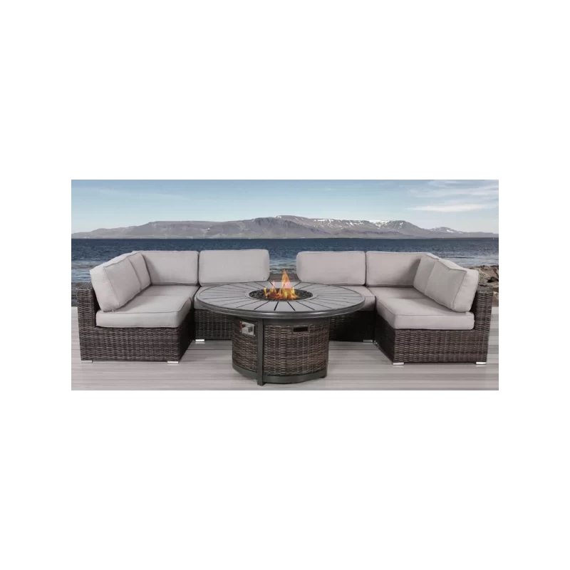 Living Source Intl 8-Piece Wicker / Rattan Sectional Set w/ Firepit in Espresso