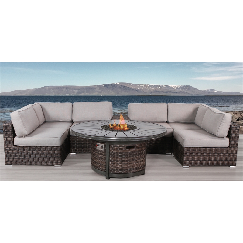 Living Source Intl 8-Piece Wicker / Rattan Sectional Set w/ Firepit in Espresso