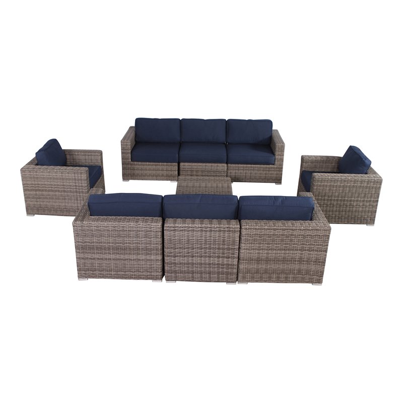 Living Source International 9-Piece Wicker Sectional Set w/Cushions in Navy
