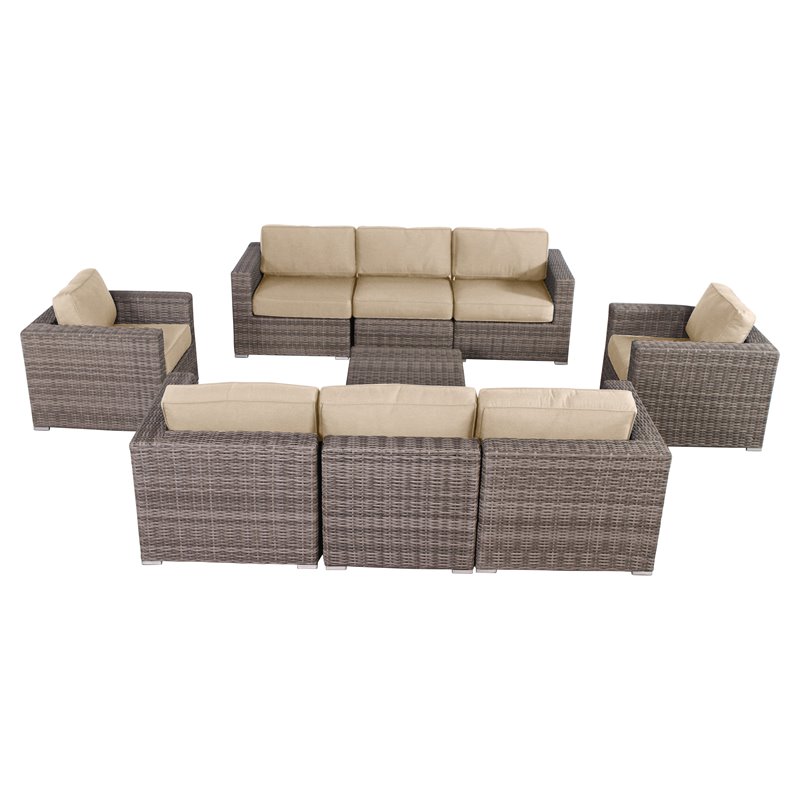 Living Source International 9-Piece Wicker Sectional Set with Cushions in Beige