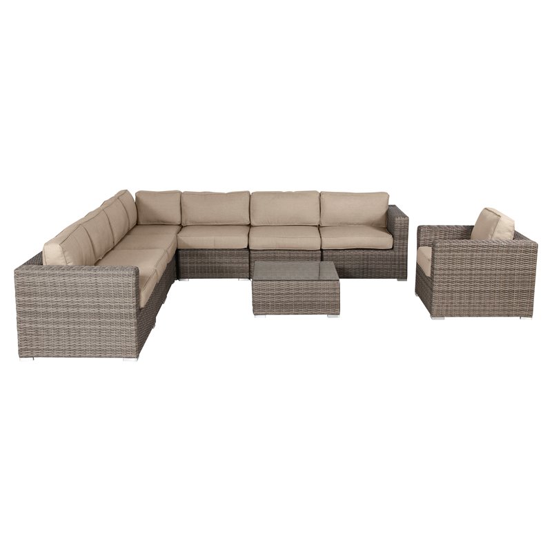 Living Source International 9-Piece Wicker Sectional Set with Club Chair - Beige
