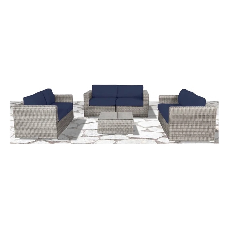 Living Source International 7-PC Wicker / Rattan Sectional Set w/Cushion in Navy