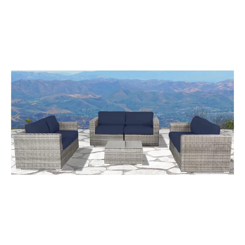 Living Source International 7-PC Wicker / Rattan Sectional Set w/Cushion in Navy