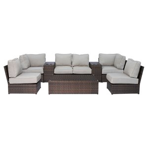 Living Source International 9-Piece Wicker Sectional Set with Cushions in Brown