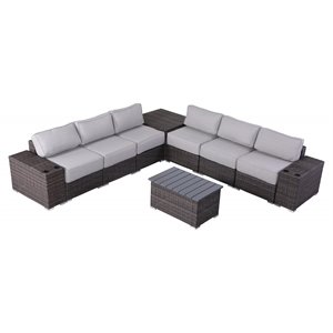 Living Source International 10-Piece Rattan Sectional Set with Cushion in Brown