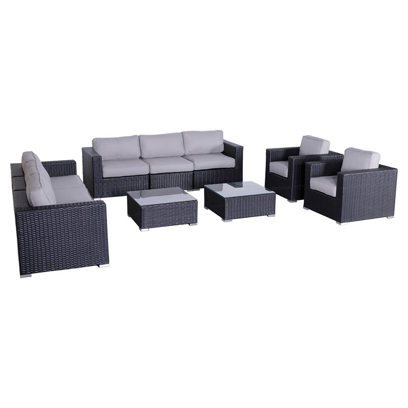 Living Source International 10-Piece Rattan Sofa Set with Cushions in Black
