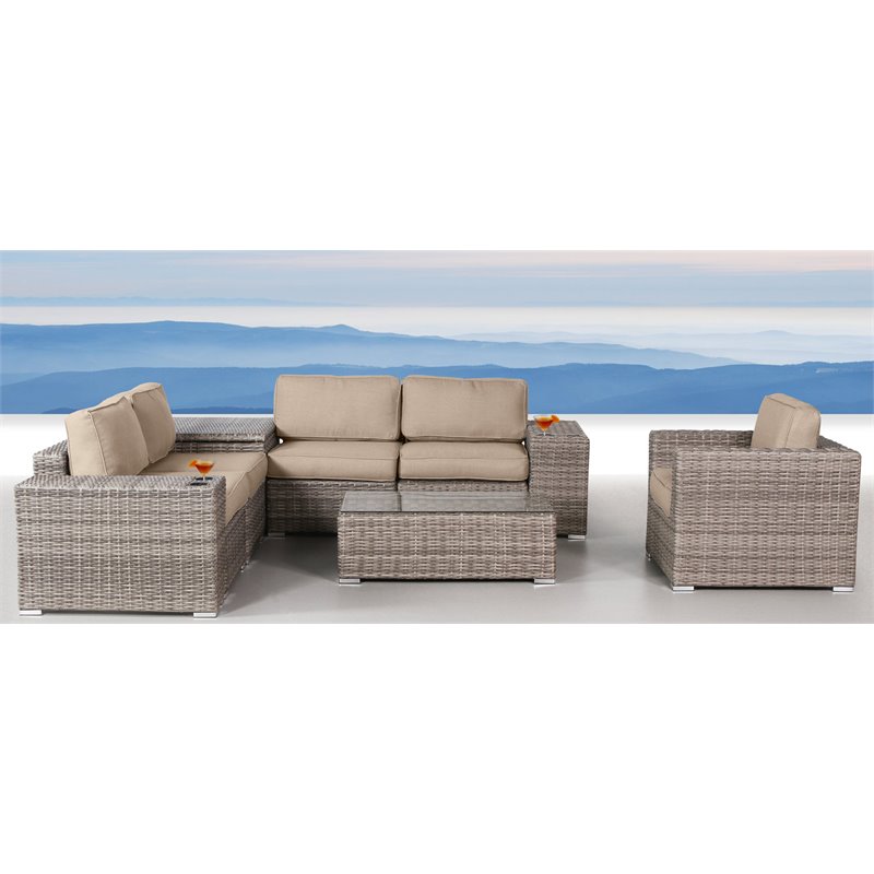 Living Source International 9-Piece Sectional Set with Cup Holder Table in Beige