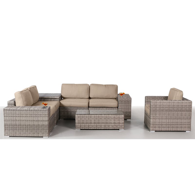 Living Source International 9-Piece Sectional Set with Cup Holder Table in Beige