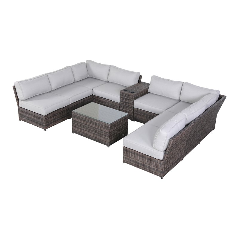 Living Source International 10-Piece Rattan Sectional Set plus Cushions in Brown