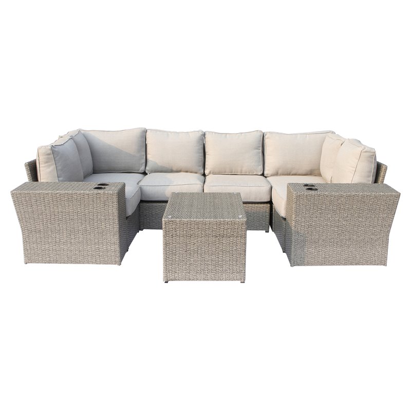Living Source International 9-Piece Wicker Sectional Set with Cushion in Beige