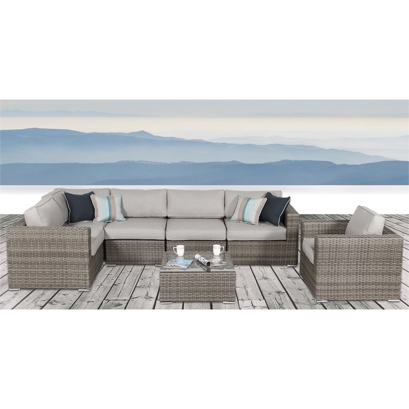 Living Source International 7-Piece Rattan Sectional Set w/Cushions in Gray