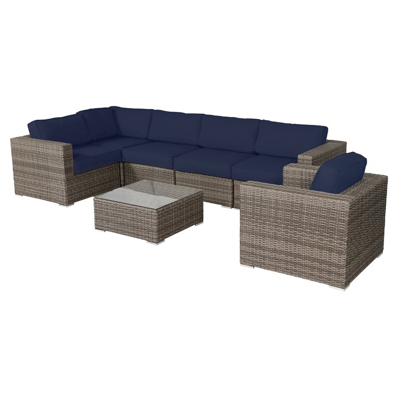 Living Source International 7-piece Wicker Sectional Set with Cushions in Navy