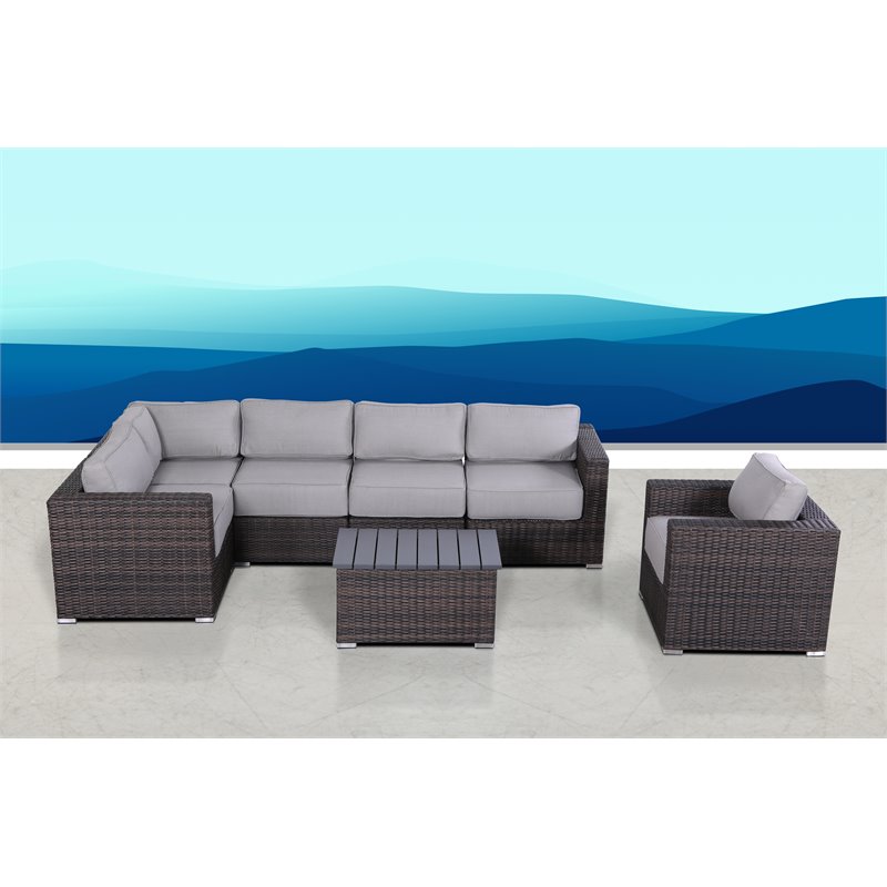 Living Source International Rattan Sectional Set w/ Cushions in Brown