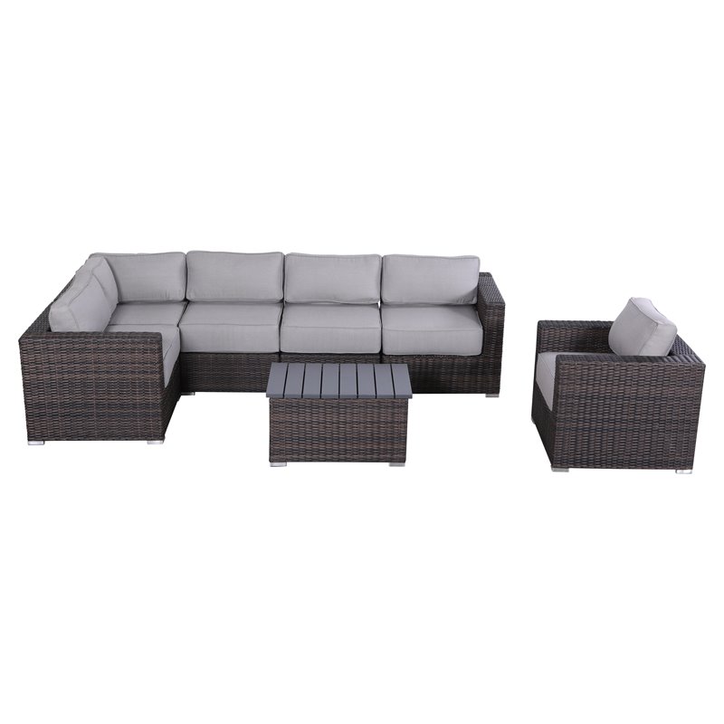 Living Source International Rattan Sectional Set w/ Cushions in Brown