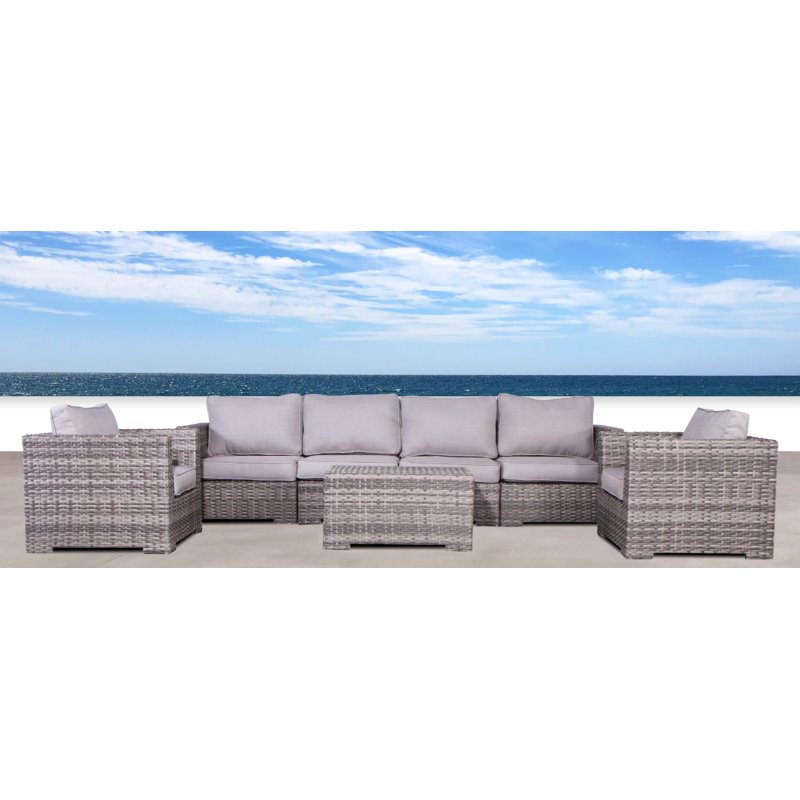 Living Source International 7-piece Wicker Sectional Set with Long Sofa in Gray
