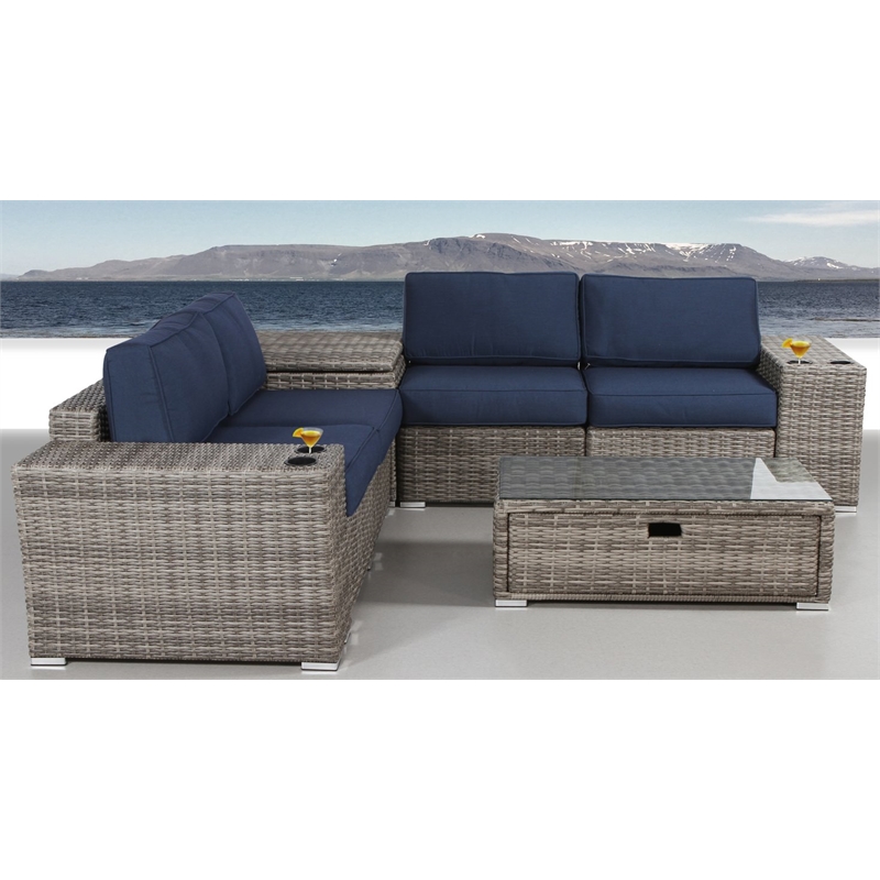 Living Source Intl 8-piece Wicker / Rattan Sectional Set w/ Cushions in Navy
