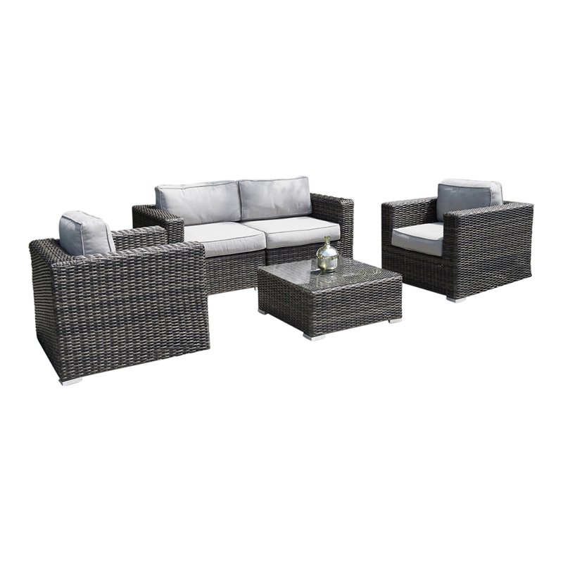 Living Source International 5-Piece Wicker/Rattan Sectional Set in Espresso/Gray