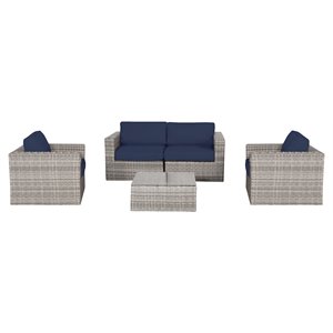 Living Source International 5-Piece Seating Group with Firepit in Gray/Navy Blue