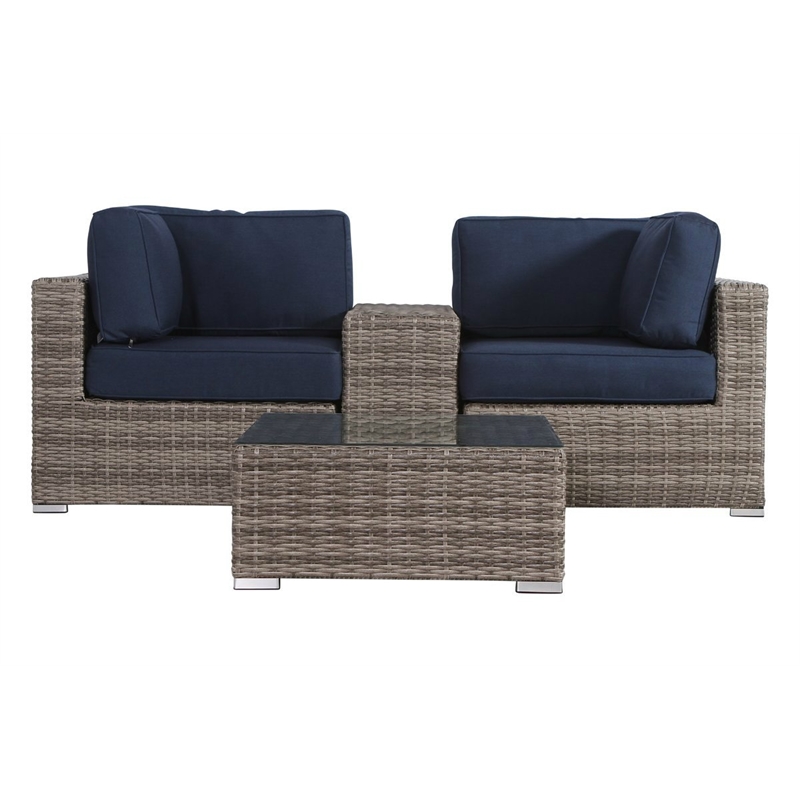 Living Source International 4-Piece Wicker Sectional Set in Brown/Navy Blue