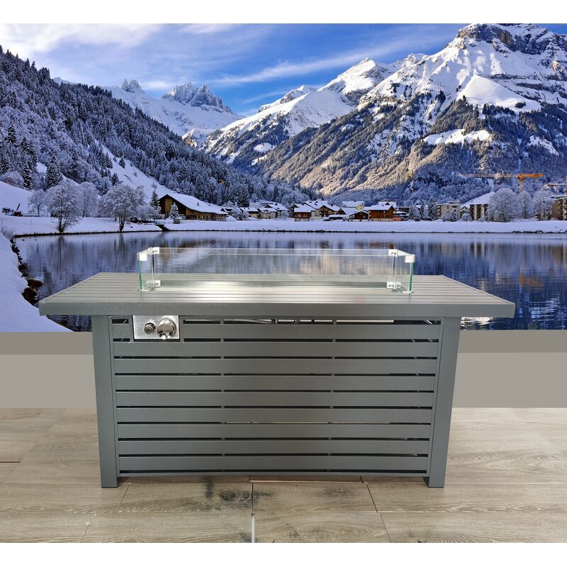 Living Source International Propane Gas Fire Pit Table with Windshield in Gray