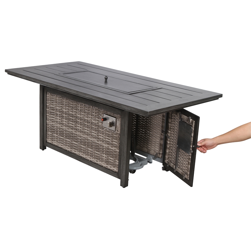 Living Source Intl 25x60'' Wicker / Rattan Outdoor Fire Pit Table w/ Lid in Gray