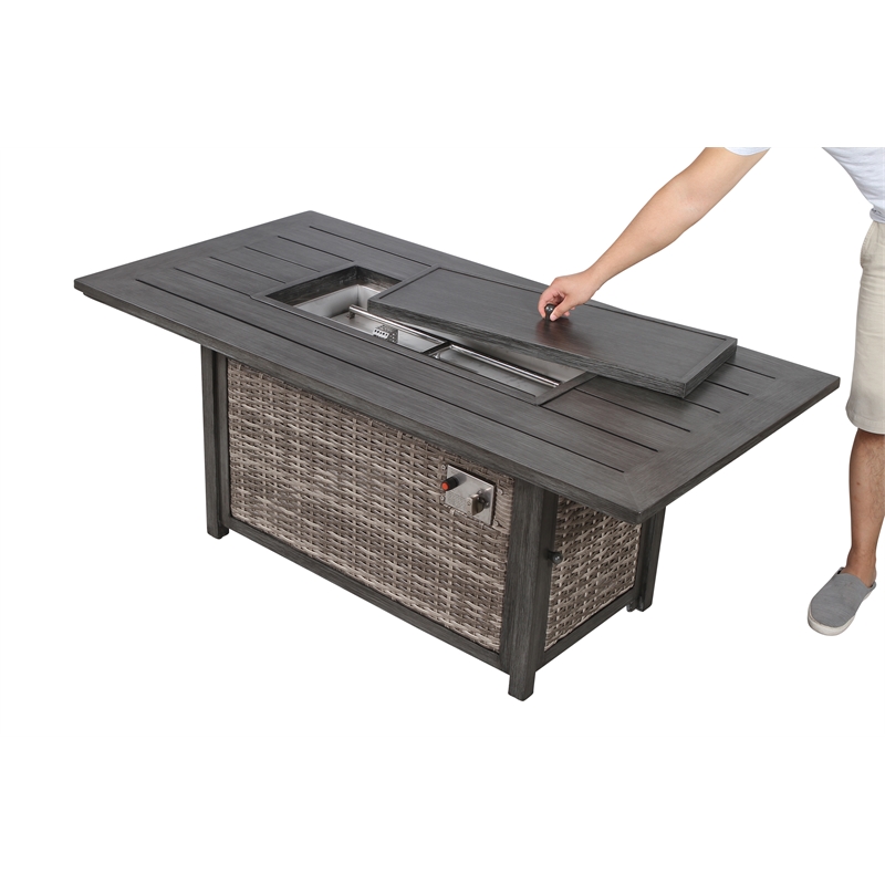 Living Source Intl 25x60'' Wicker / Rattan Outdoor Fire Pit Table w/ Lid in Gray