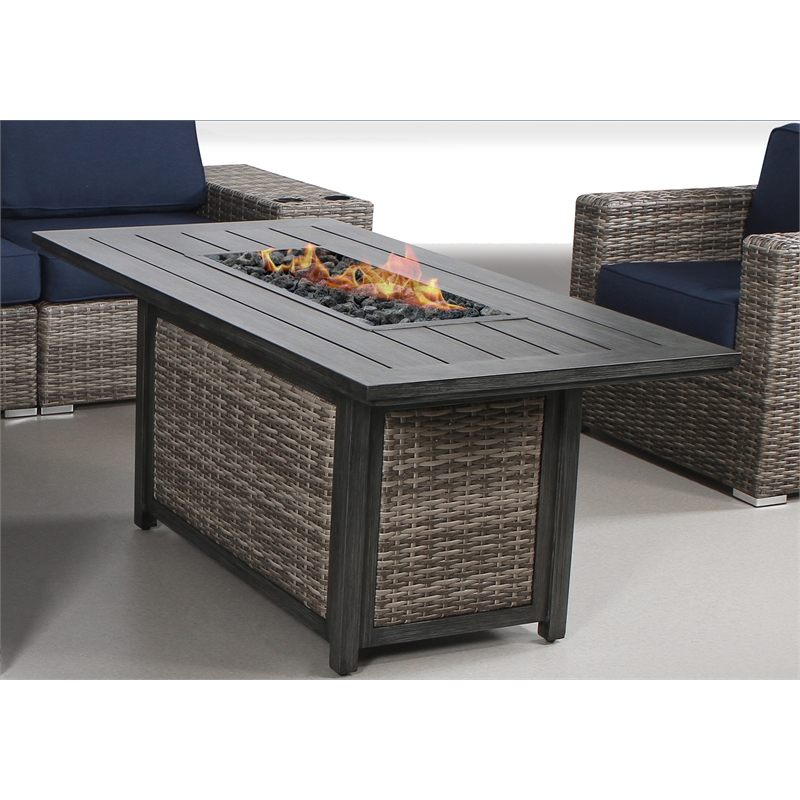 Living Source Intl 25x60'' Wicker / Rattan Outdoor Fire Pit Table w/ Lid in Gray