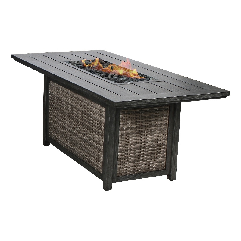 Living Source Intl 25x60'' Wicker / Rattan Outdoor Fire Pit Table w/ Lid in Gray