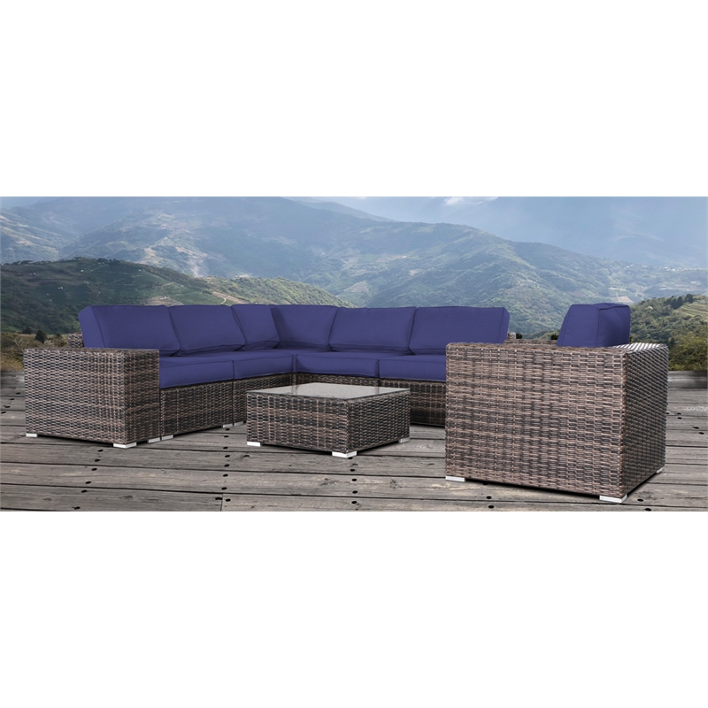 Living Source Intl 5-Person Wicker / Rattan Seating Group in Espresso/Navy Blue