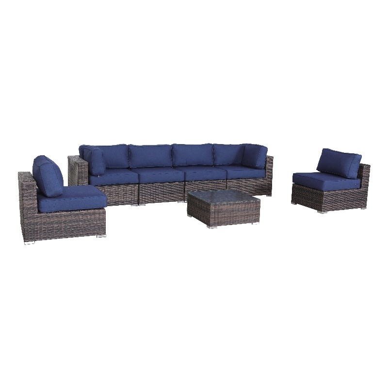 Living Source Wicker / Rattan 6-Person Seating Group w/Cushions in Brown/Navy