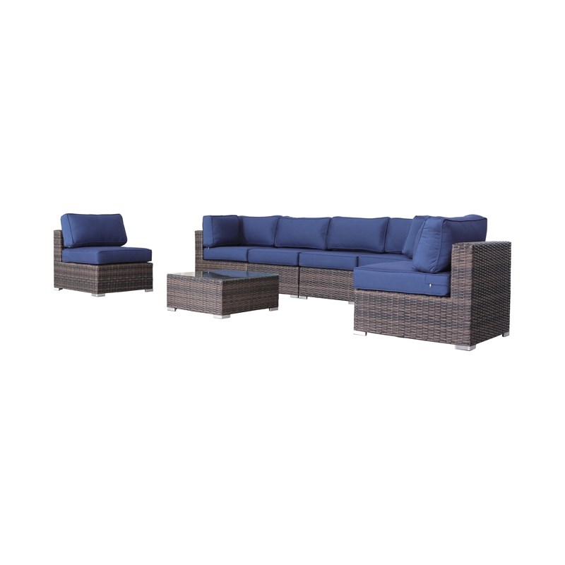 Living Source Wicker / Rattan 6-Person Seating Group w/Cushions in Brown/Navy