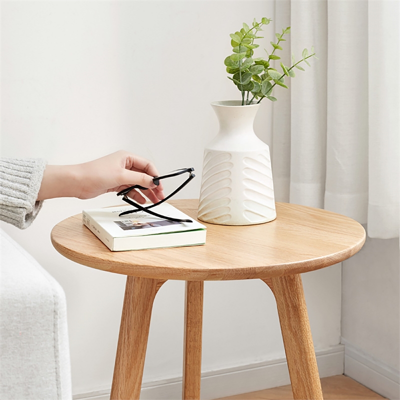 Natural Solid Oak Wood Round End Table  Small Side Table for Living Room