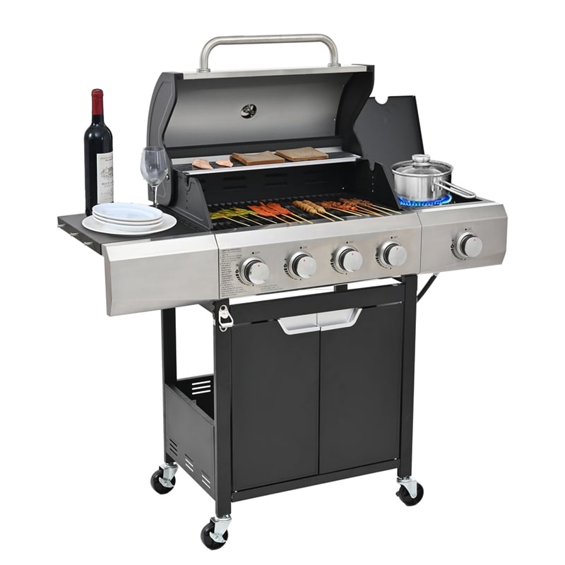 4 Burner Propane Gas Grill with Side Burner Cover  Stainless Steel  BBQ Grill