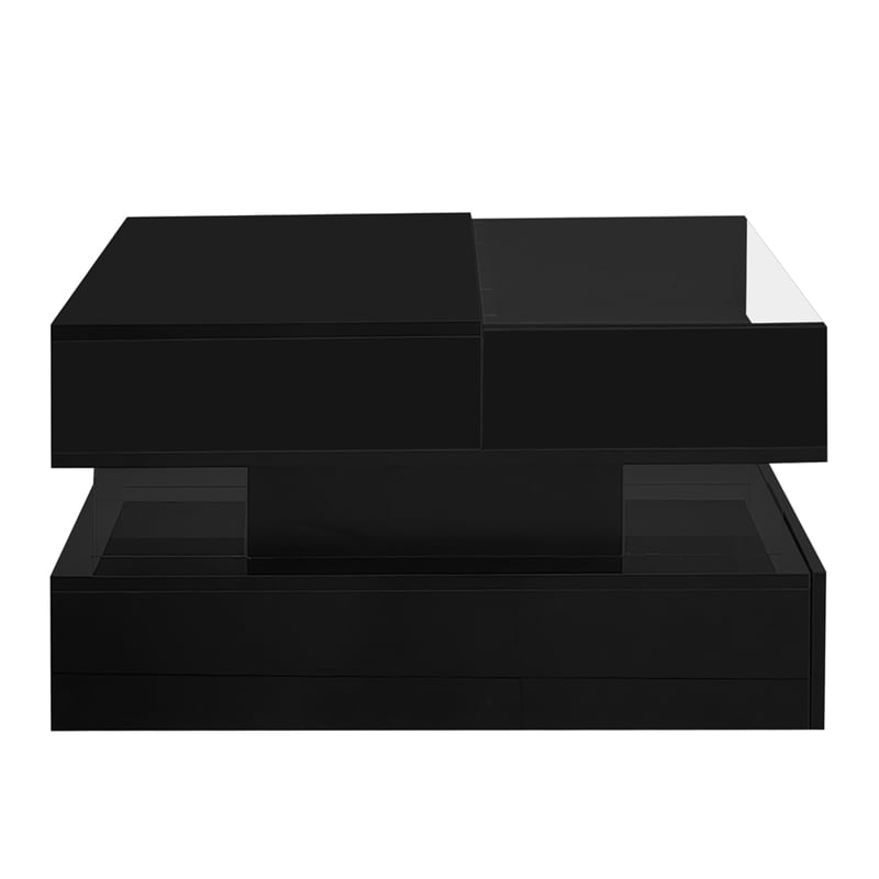 Modern Black MDF Lift Top Coffee Table with LED Lights Glass Top Storage Drawers