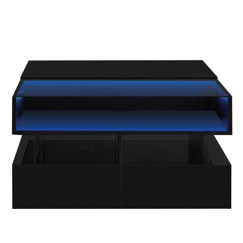 Modern Black MDF Lift Top Coffee Table with LED Lights Glass Top Storage Drawers