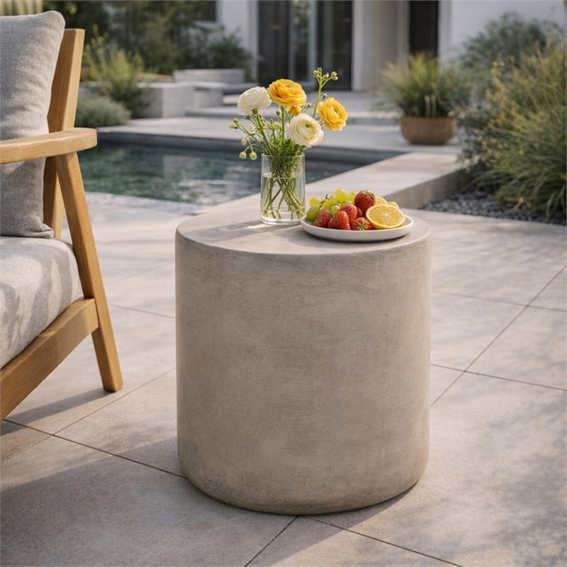Modern Light Grey Concrete Round Outdoor SideTable Lightweight MGO Table