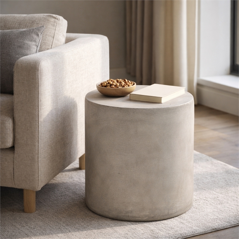 Modern Light Grey Concrete Round Outdoor SideTable Lightweight MGO Table