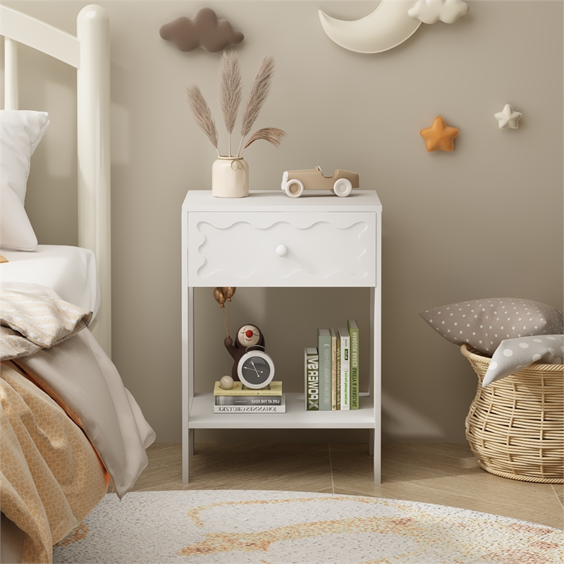 White Nightstand with Drawer and Open Shelf Solid Wood Frame End Table