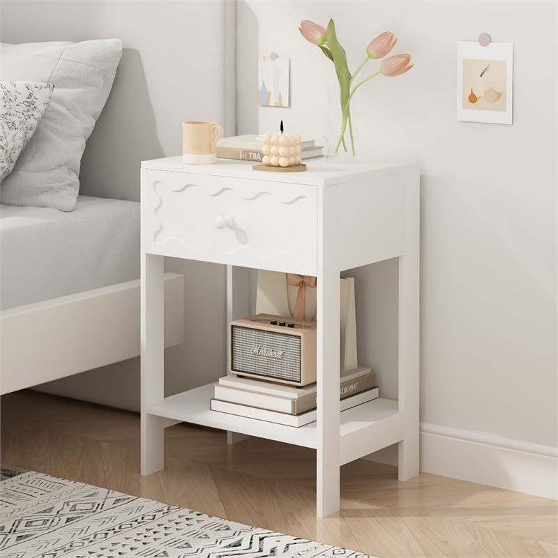 White Nightstand with Drawer and Open Shelf Solid Wood Frame End Table