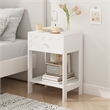 White Nightstand with Drawer and Open Shelf Solid Wood Frame End Table